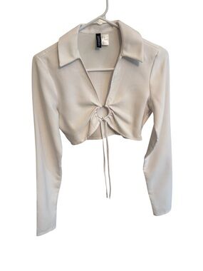 H&M Cropped Long-Sleeve Ring-Front Top - Light Beige